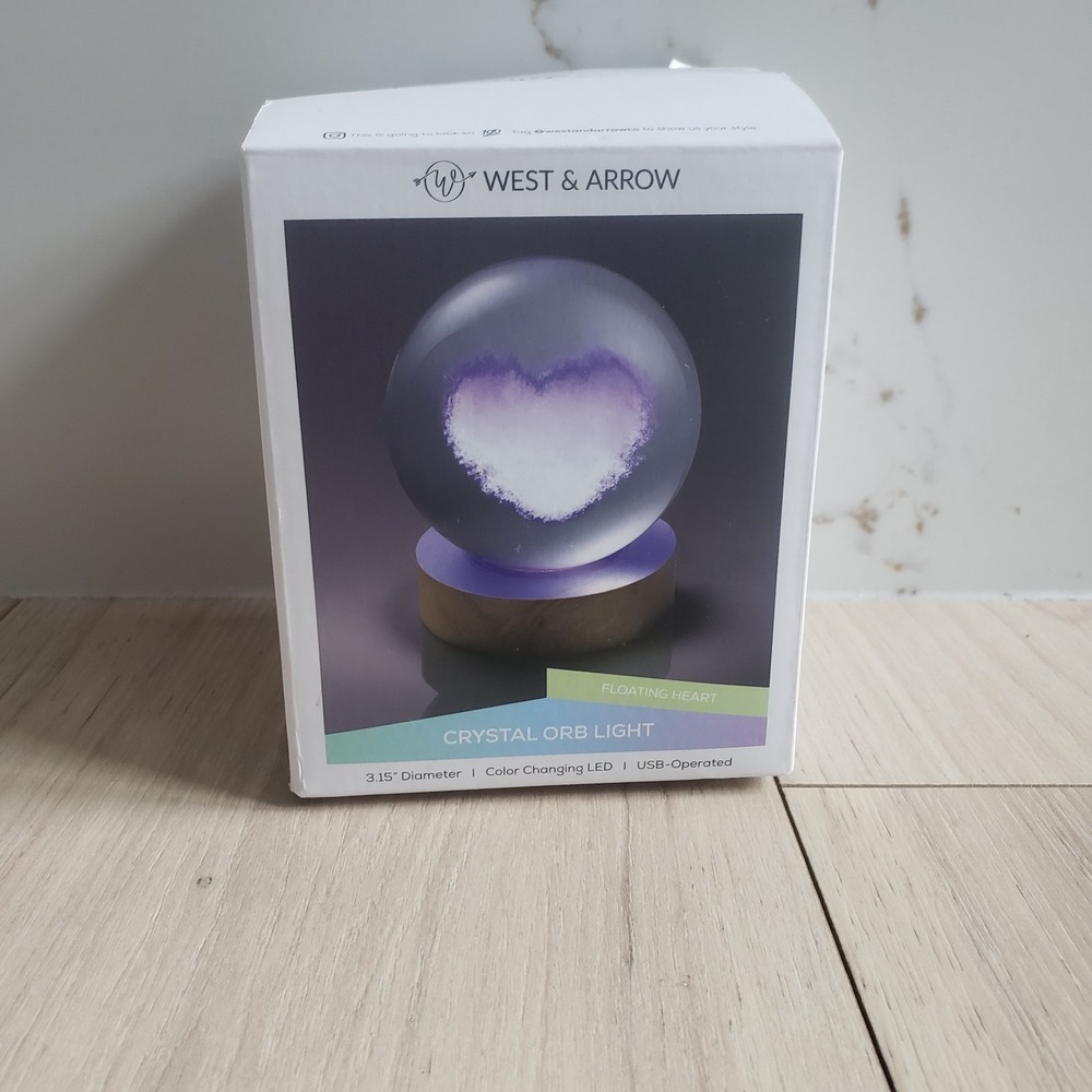 West & Arrow‎ 3D Floating Heart Crystal Orb Light Color Changing LED USB Wood